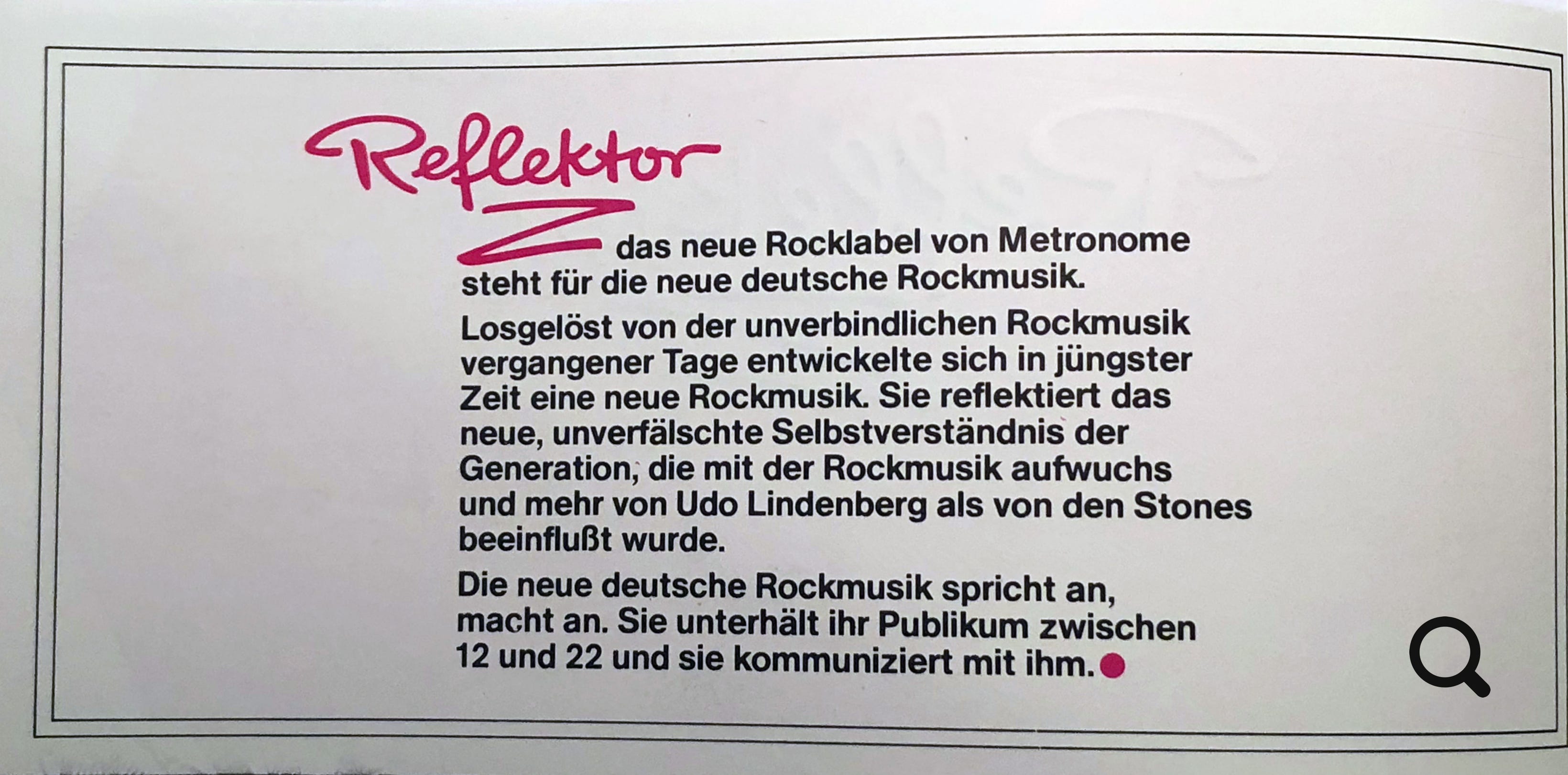 Broschüre zum neuen Reflektor-Label 1980