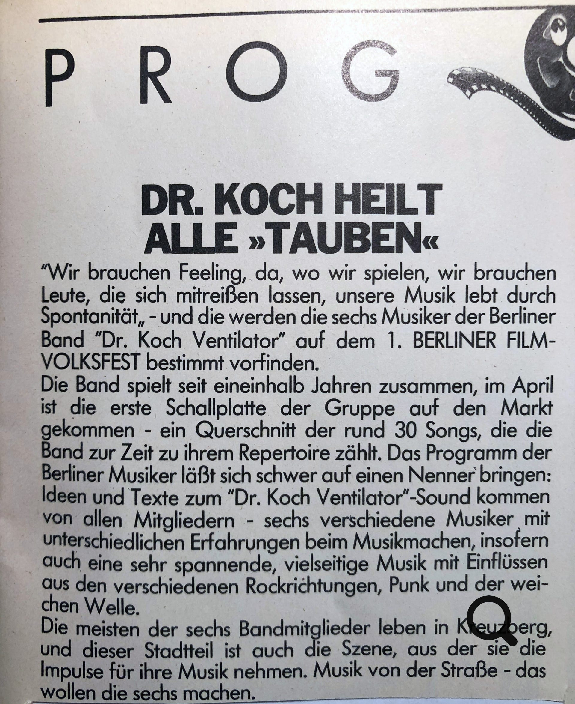 Werbung für das Konzert mit uns auf dem 1. Berliner Film-Volksfest am 14. Juni 1980